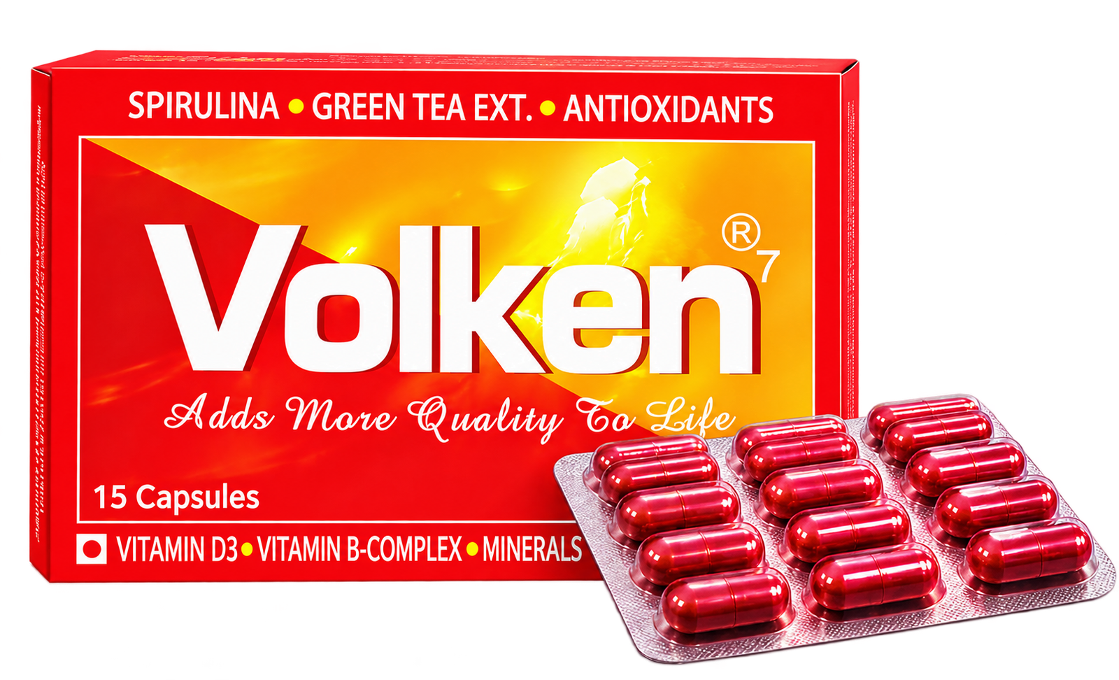 Volken 7 capsules with box and blister strip — Spirulina, Green Tea Extract, Antioxidants, Vitamin D3, Vitamin B-Complex and Minerals